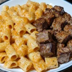 Cajun Steak Tips In Cheesy Rigatoni Parmesan Sauce