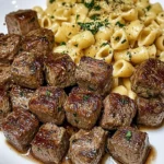 Garlic Herb Steak Cubes With Creamy Shell Pasta