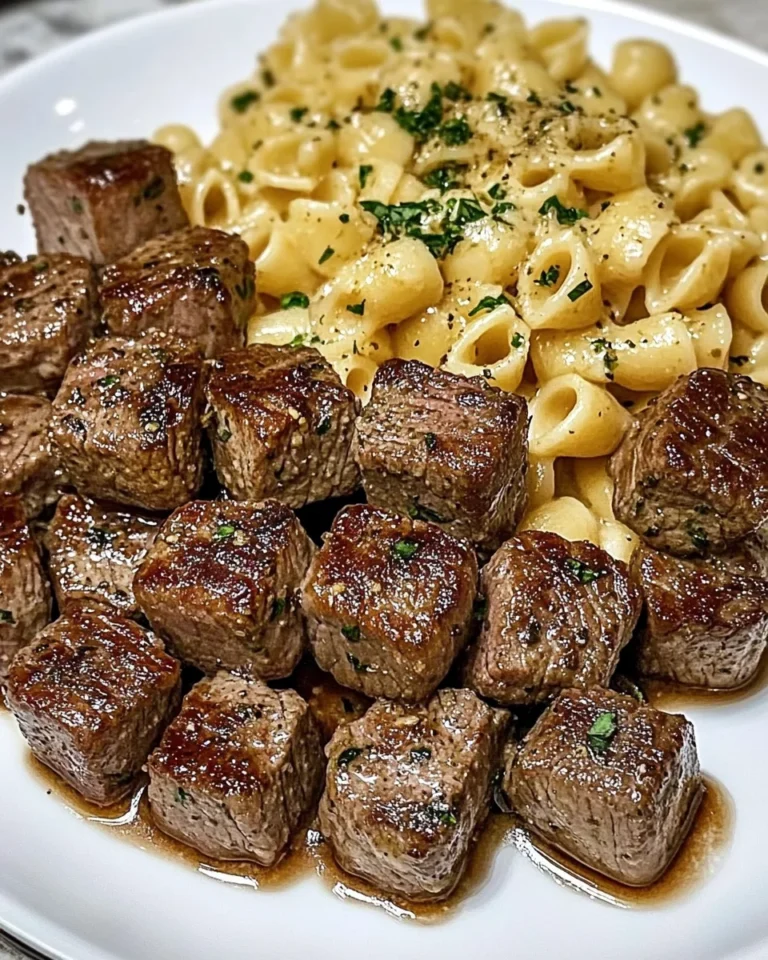 Garlic Herb Steak Cubes With Creamy Shell Pasta