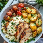 Greek Chicken Alfredo with Garlic Parmesan Potatoes