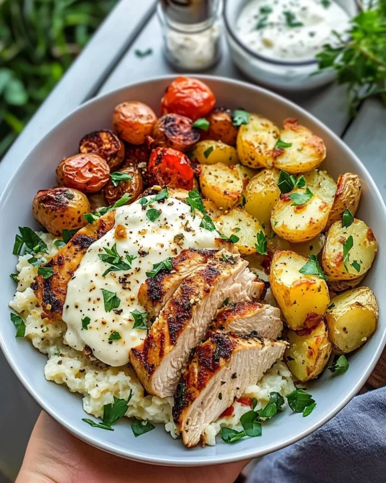 Greek Chicken Alfredo with Garlic Parmesan Potatoes