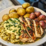 Greek Chicken Alfredo with Garlic Potatoes and Pesto