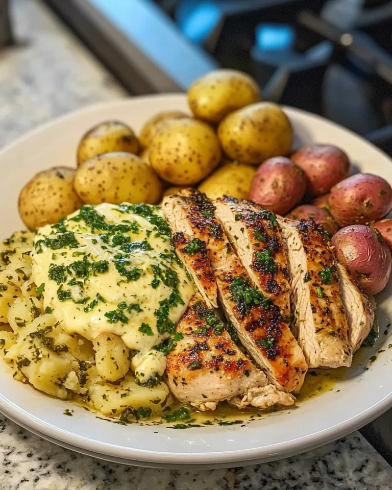 Greek Chicken Alfredo with Garlic Potatoes and Pesto