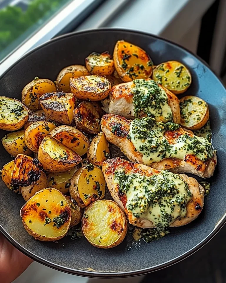 Greek Garlic Chicken with Roasted Potatoes and Pesto