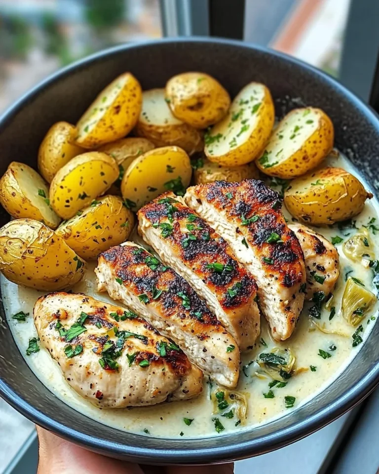 Lemon Artichoke Chicken Alfredo with Garlic Potatoes