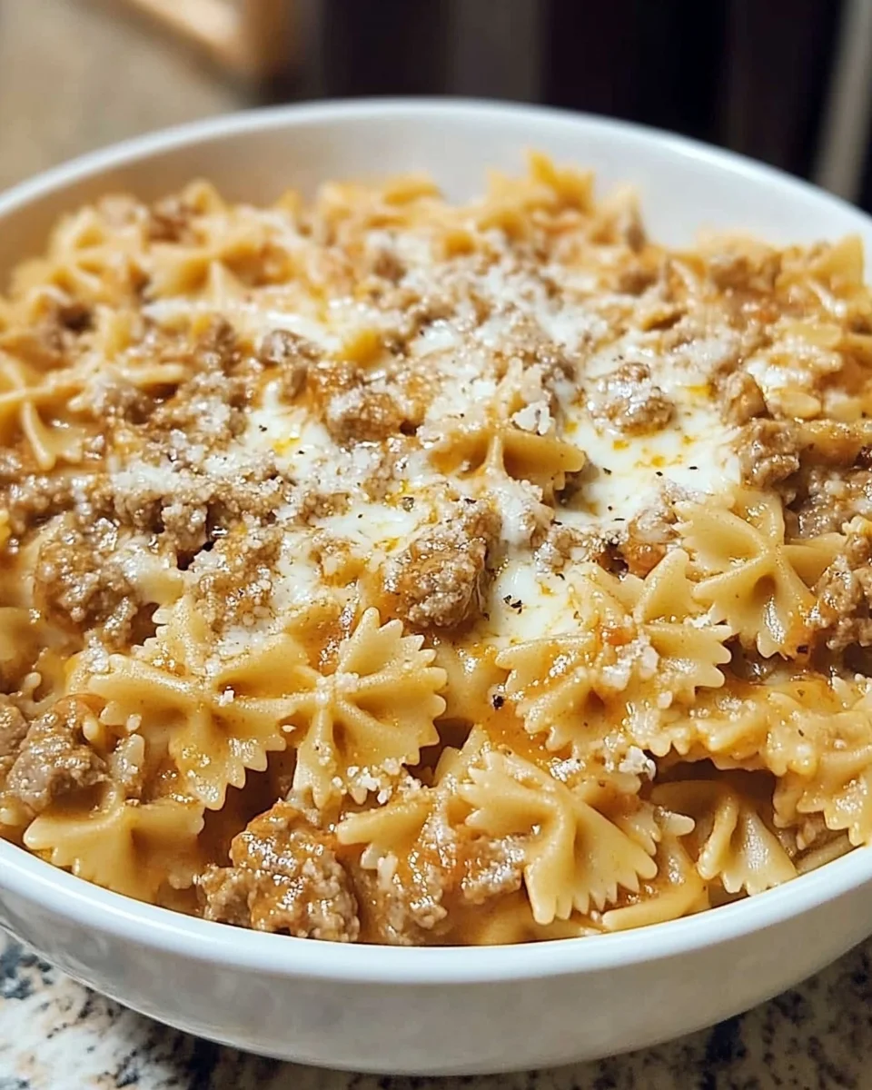 Velveeta Beef Pasta Served With Bowtie Noodles
